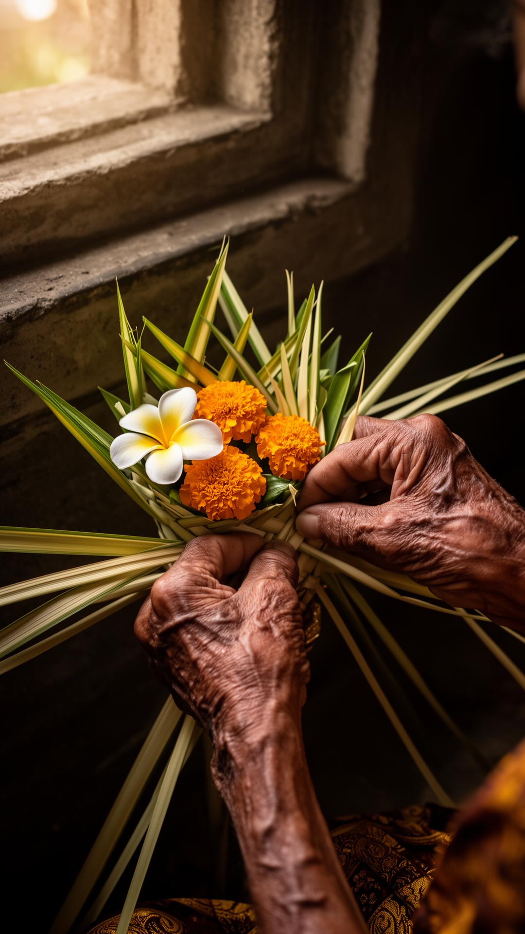 Weathered hands weaving a canang sari palm-leaf offering with frangipani and marigold